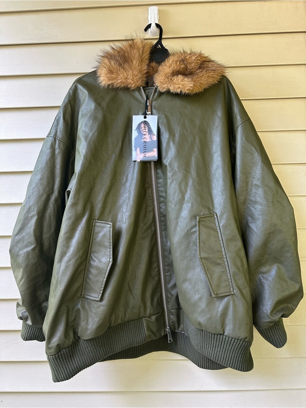 Ashley Graham olive Green Faux Leather Bomber Jacket with Faux Fur Collar